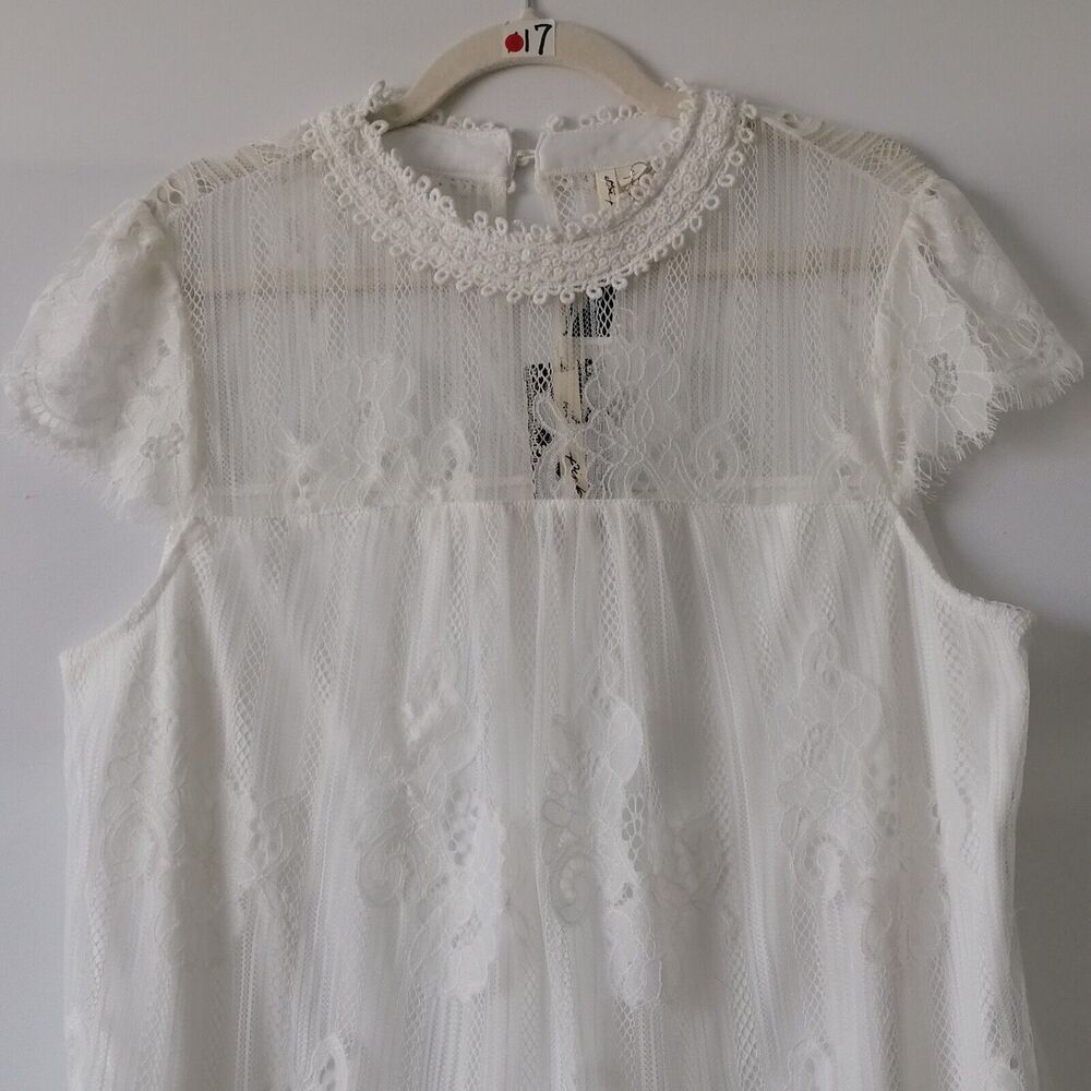 Ultra Pink Womens White Cap Sleeve Lined Floral Lace Overlay Blouse Top Size L - Picture 2 of 7